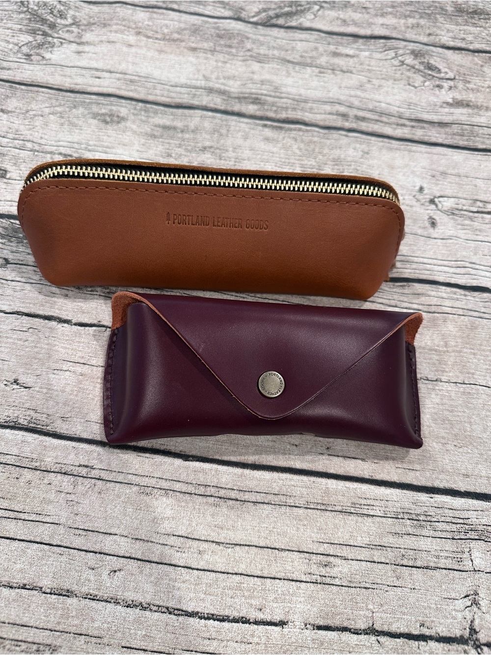 Portland Leather Goods Smooth Sidekick in Honey and Sunglass case in Cognac (?)
